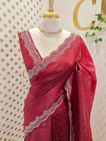 Crushed silk with scalloped cut-work border embellished with intricate silver stone work or sequins. - Image 10