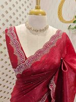 Crushed silk with scalloped cut-work border embellished with intricate silver stone work or sequins. - Image 11