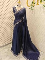 Crushed silk with scalloped cut-work border embellished with intricate silver stone work or sequins. - Image 15