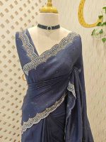 Crushed silk with scalloped cut-work border embellished with intricate silver stone work or sequins. - Image 13