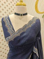 Crushed silk with scalloped cut-work border embellished with intricate silver stone work or sequins. - Image 14