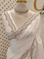 Crushed silk with scalloped cut-work border embellished with intricate silver stone work or sequins. - Image 17
