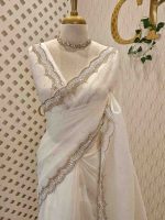 Crushed silk with scalloped cut-work border embellished with intricate silver stone work or sequins. - Image 16