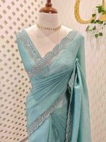 Crushed silk with scalloped cut-work border embellished with intricate silver stone work or sequins. - Image 19