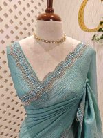 Crushed silk with scalloped cut-work border embellished with intricate silver stone work or sequins. - Image 20