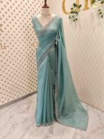 Crushed silk with scalloped cut-work border embellished with intricate silver stone work or sequins. - Image 21