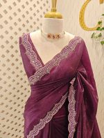 Crushed silk with scalloped cut-work border embellished with intricate silver stone work or sequins. - Image 22