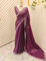 Crushed silk with scalloped cut-work border embellished with intricate silver stone work or sequins. - Image 24