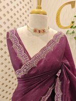 Crushed silk with scalloped cut-work border embellished with intricate silver stone work or sequins. - Image 23