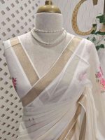 Kerala saree with large, vibrant digital floral prints on different colours - Image 2
