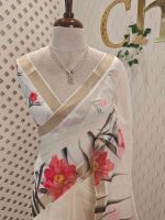 Kerala saree with detailed prints of blooming lotuses with dark  leaves and stems