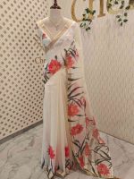 Kerala saree with detailed prints of blooming lotuses with dark  leaves and stems - Image 3