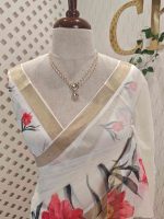 Kerala saree with detailed prints of blooming lotuses with dark  leaves and stems - Image 2