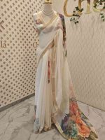 Kerala saree with thick large contrast flowers and  on the pallu and prints on body - Image 3