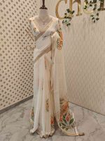 Kerala saree with large lily-like flowers with delicate green stems and leaves. - Image 3