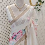 Kerala saree with large different colour flowers along with leaf motifs