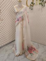 Kerala saree with large different colour flowers along with leaf motifs - Image 3