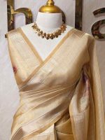 Kerala saree with large flower motif along with shining thread on the body with vertical lines - Image 2