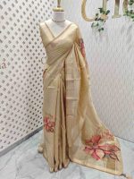 Kerala saree with suttle and contrast flower and leaf pattern on the body with doted vertical lines - Image 3