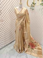 Kerala saree with sequins are scattered throughout the floral pattern - Image 3