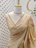 Kerala saree with sequins are scattered throughout the floral pattern - Image 2