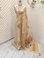 Kerala saree with dark colour large flower motif on the pallu and body along with simple sequins work on the motif - Image 3