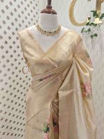 Kerala saree with subtle sequins  highlights scattered across the lotus and leaf