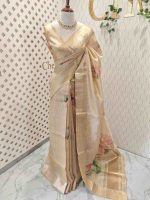 Kerala saree with subtle sequins  highlights scattered across the lotus and leaf - Image 3