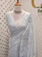 Net kota with grid pattern on body part and boarder with floral shaped applique work and scallop - Image 14