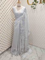 Net kota with grid pattern on body part and boarder with floral shaped applique work and scallop - Image 15