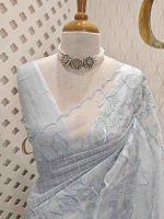 Net kota with grid pattern on body part and boarder with floral shaped applique work and scallop - Image 17