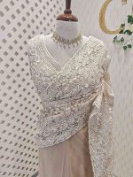 Net saree with sequins, beads flower and paisley like leaf pattern - Image 7