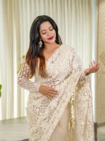 Net saree with sequins, beads flower and paisley like leaf pattern - Image 2