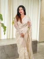 Net saree with sequins, beads flower and paisley like leaf pattern - Image 3