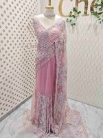 Net saree with thick beads flower and scallop edge finishing - Image 6