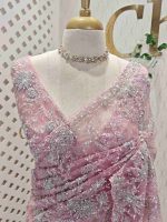 Net saree with thick beads flower and scallop edge finishing - Image 5