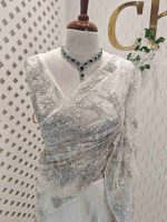 Net saree with thick beads flower and scallop edge finishing