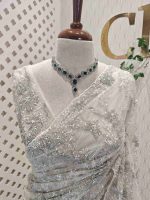 Net saree with thick beads flower and scallop edge finishing - Image 2