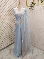 Organsa with flower  motifs all over the body and flowing floral motifs on the boarder portion - Image 3