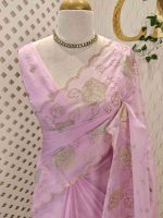 Organsa with flower  motifs all over the body and flowing floral motifs on the boarder portion - Image 4
