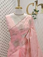 Organsa with flower  motifs all over the body and flowing floral motifs on the boarder portion - Image 7