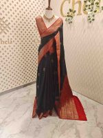 Semi Tussar Banarasi with flower buttas on the body and contrast intertwined floral border - Image 12