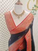 Semi Tussar Banarasi with flower buttas on the body and contrast intertwined floral border - Image 10
