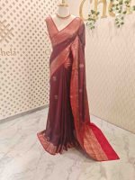 Semi Tussar Banarasi with flower buttas on the body and contrast intertwined floral border - Image 9