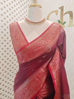 Semi Tussar Banarasi with flower buttas on the body and contrast intertwined floral border - Image 8