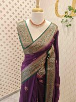Semi Tussar Banarasi with flower buttas on the body and contrast intertwined floral border