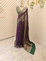 Semi Tussar Banarasi with flower buttas on the body and contrast intertwined floral border - Image 3
