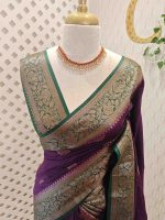 Semi Tussar Banarasi with flower buttas on the body and contrast intertwined floral border - Image 2