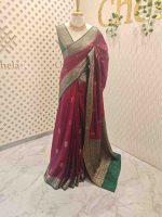 Semi Tussar Banarasi with flower buttas on the body and contrast intertwined floral border - Image 6
