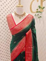 Semi Tussar Banarasi with flower buttas on the body and contrast intertwined floral border - Image 13